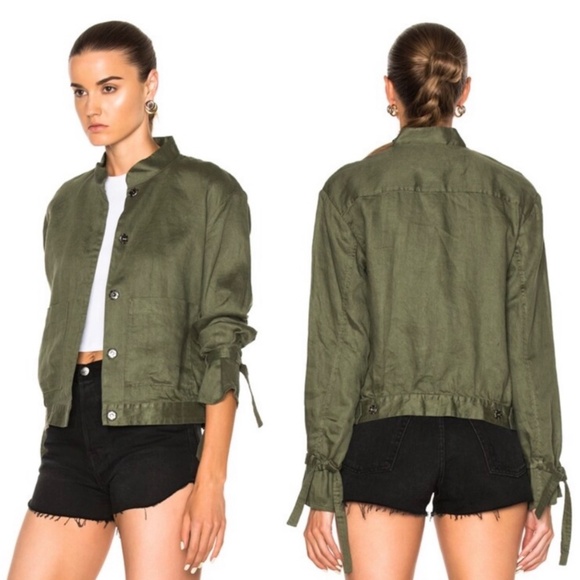 FRAME Army Olive Great Denim Tie Cuff Linen Utilitarian Pocket Jacket XS - Picture 2 of 11